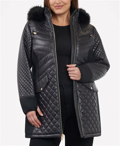 michael kors women's faux-fur-trim hooded quilted coat